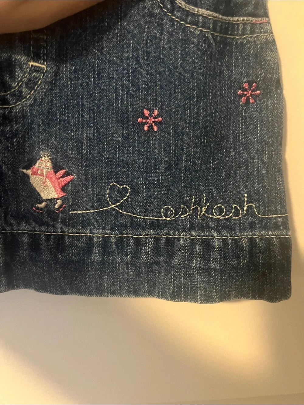 OshKosh B'gosh Dark Blue Denim Overall Dress with Pink Embroidery